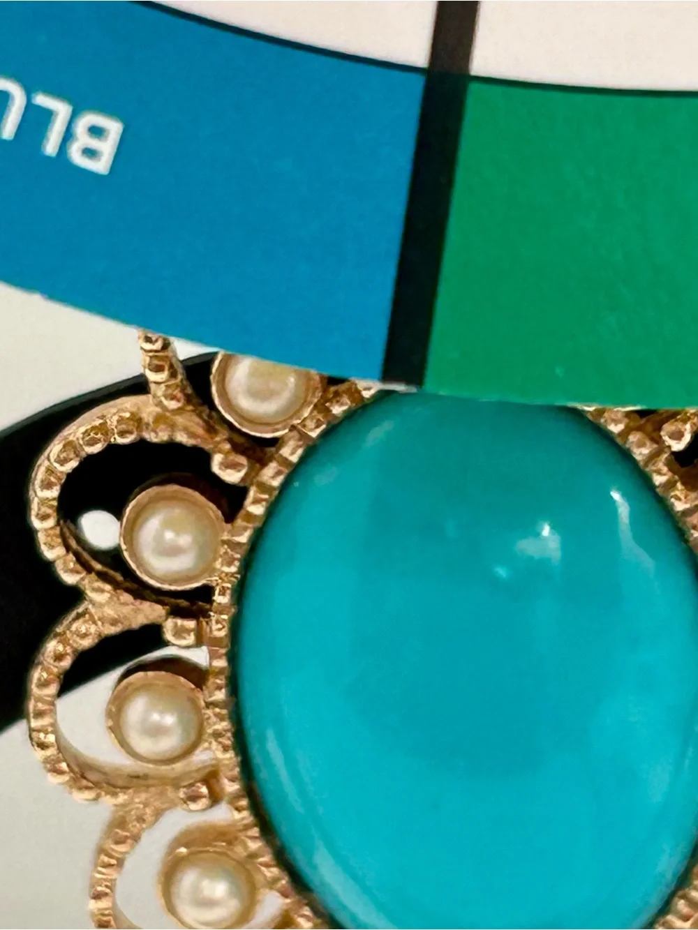 Vintage Sarah Faux Turquoise And Faux Pearl Brooch Oval Gold Tone Tassel Signed